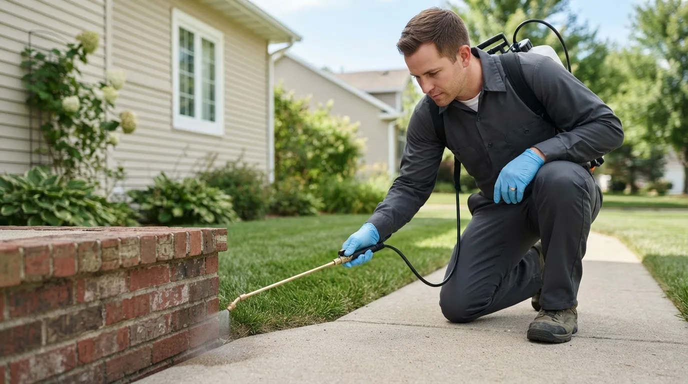 Pest control technician treating a home near Buckley, IL