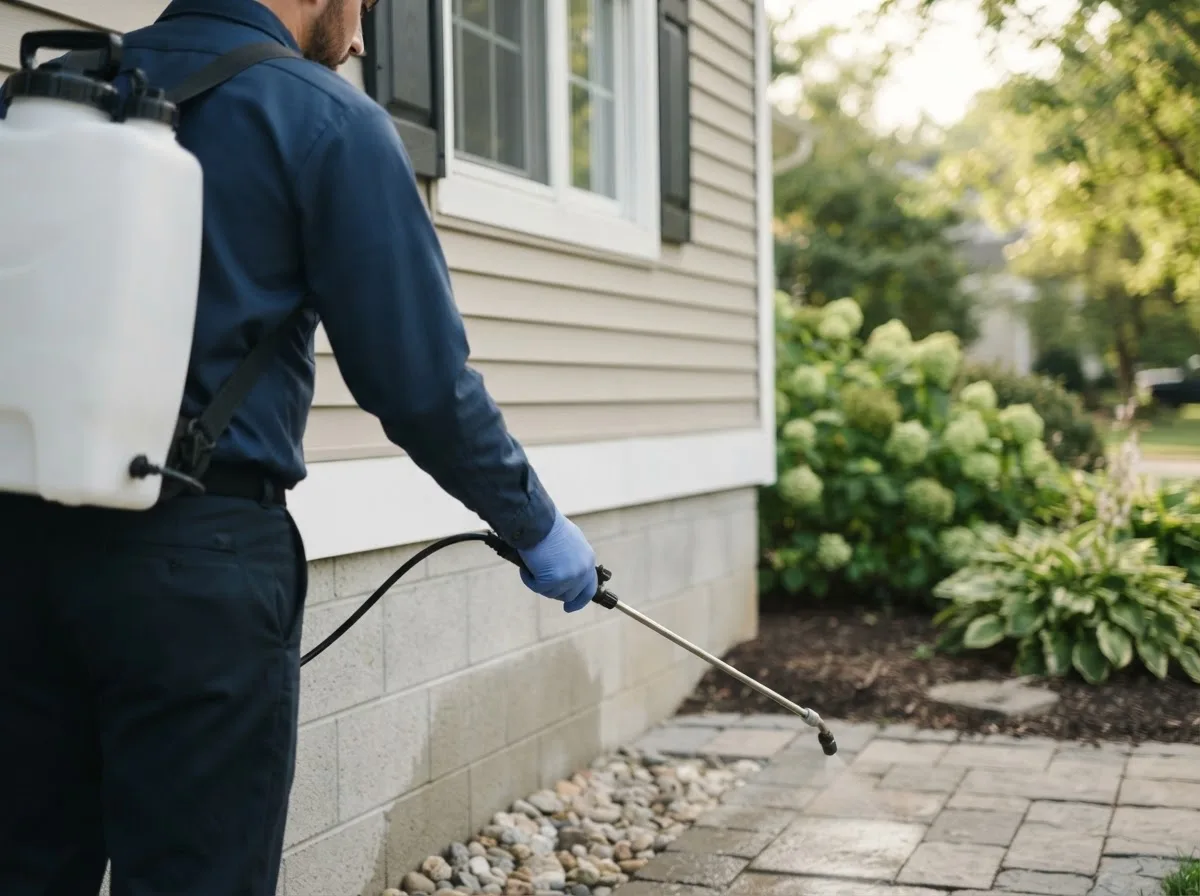 Pest control technician inspecting a home in Buckley, IL